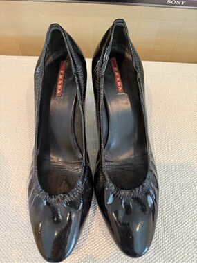 Prada Black Patent Leather Round-Toe Heels